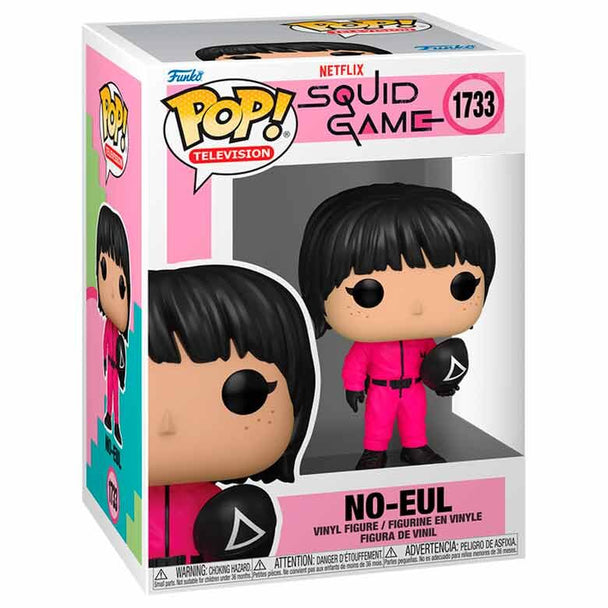 Vue rapprochée de la figurine Funko POP No-Eul de Squid Game, détaillant les couleurs et le design fidèle au personnage