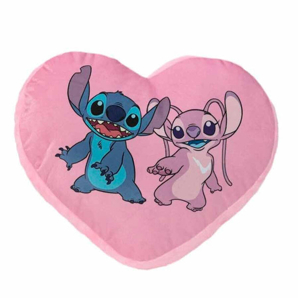 Coussin 3D Disney représentant les personnages Stitch et Angel en peluche douce et colorée, idéal pour décoration ou confort.
