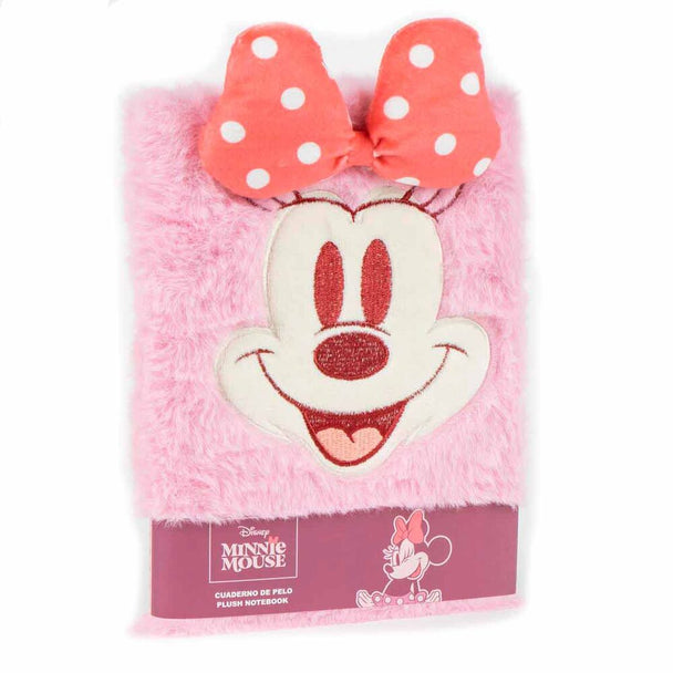 Cahier Disney Minnie en peluche vue de face avec couverture rose et visage de Minnie