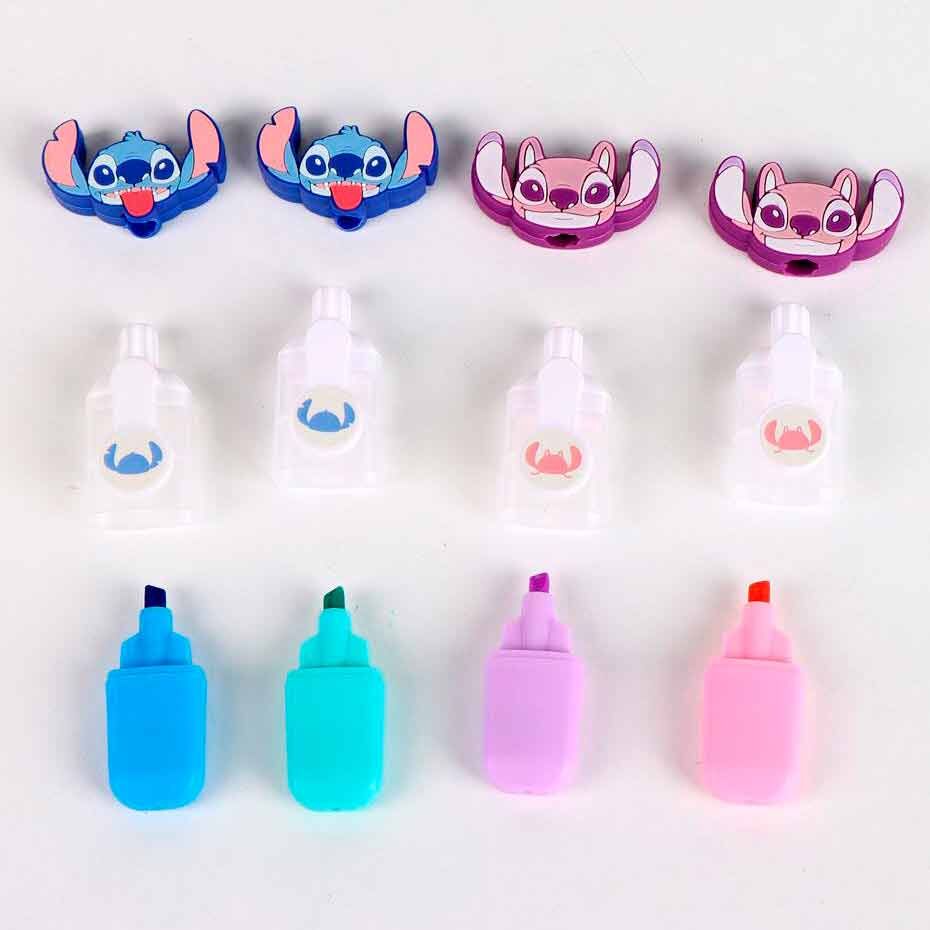 Vue rapprochée du design unique de Stitch imprimé sur le corps des surligneurs CERDÁ
