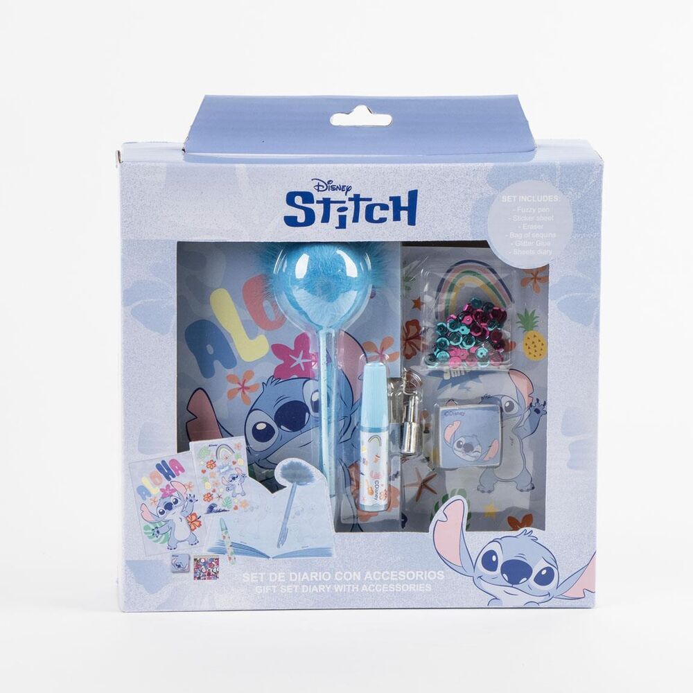 Vue du set carnet Disney Stitch CERDÁ montrant son design coloré et dimensions 23,5x25x5,5 cm