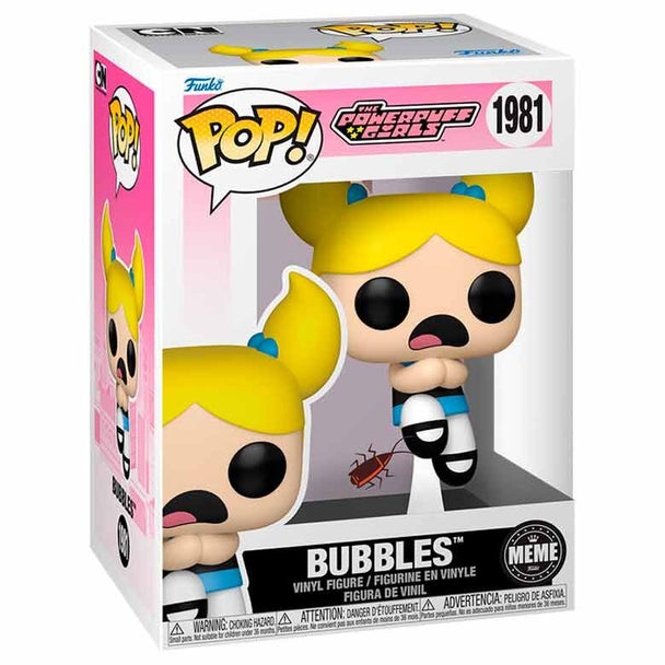 Vue rapprochée de la figurine Funko POP Bubbles avec ses grands yeux bleus et son costume bleu emblématique