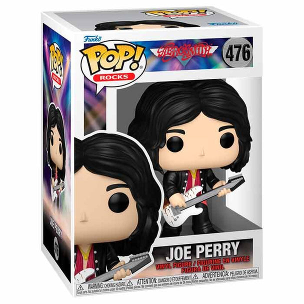 Figurine Funko POP Rocks Joe Perry d'Aerosmith en vinyle avec guitare, présentée dans sa boîte cadeau officielle