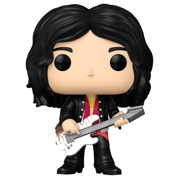 Vue rapprochée de la figurine Funko POP Joe Perry d'Aerosmith montrant les détails du visage et des vêtements
