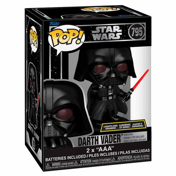 Vue rapprochée de la figurine vinyl Funko POP Darth Vader, mettant en avant les détails du casque et du sabre laser.
