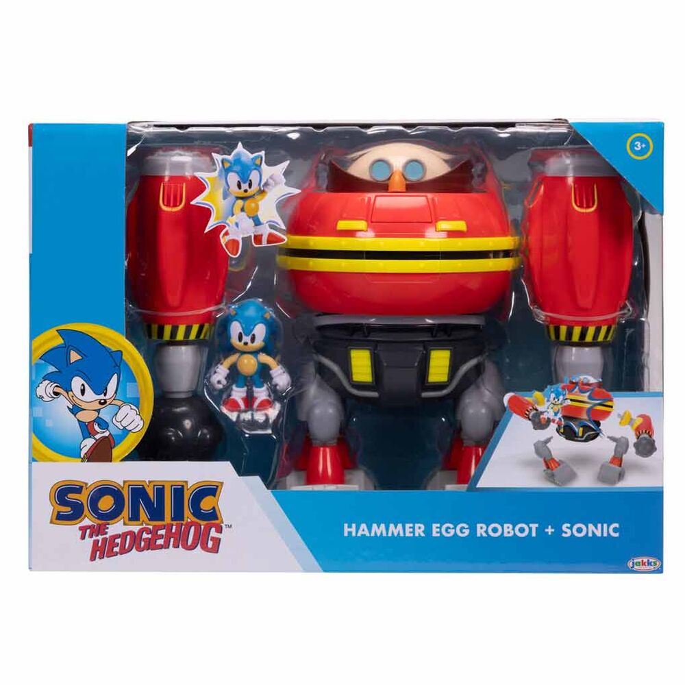 Figurine Sonic the Hedgehog classique posée à côté du robot Egg avec marteau articulé