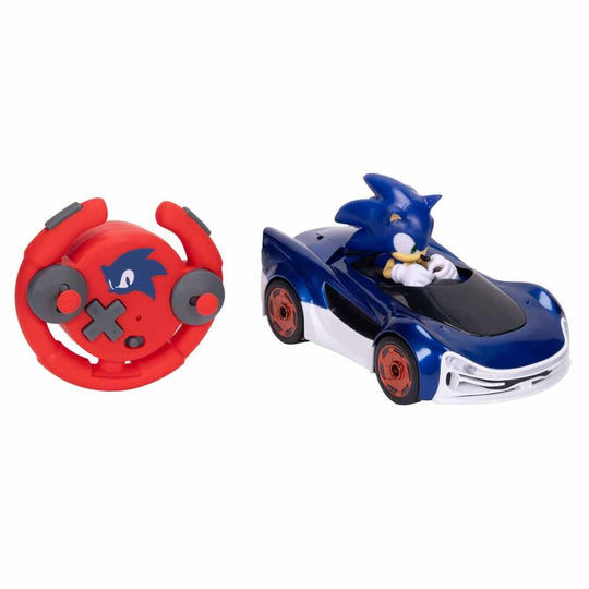 Véhicule radiocommandé Sonic the Hedgehog vu de face avec roues illuminées en fonctionnement