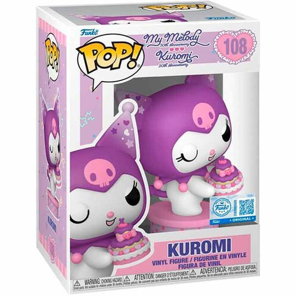 Zoom sur la figurine Kuromi Funko POP avec gâteau, montrant les détails précis et les couleurs vives.