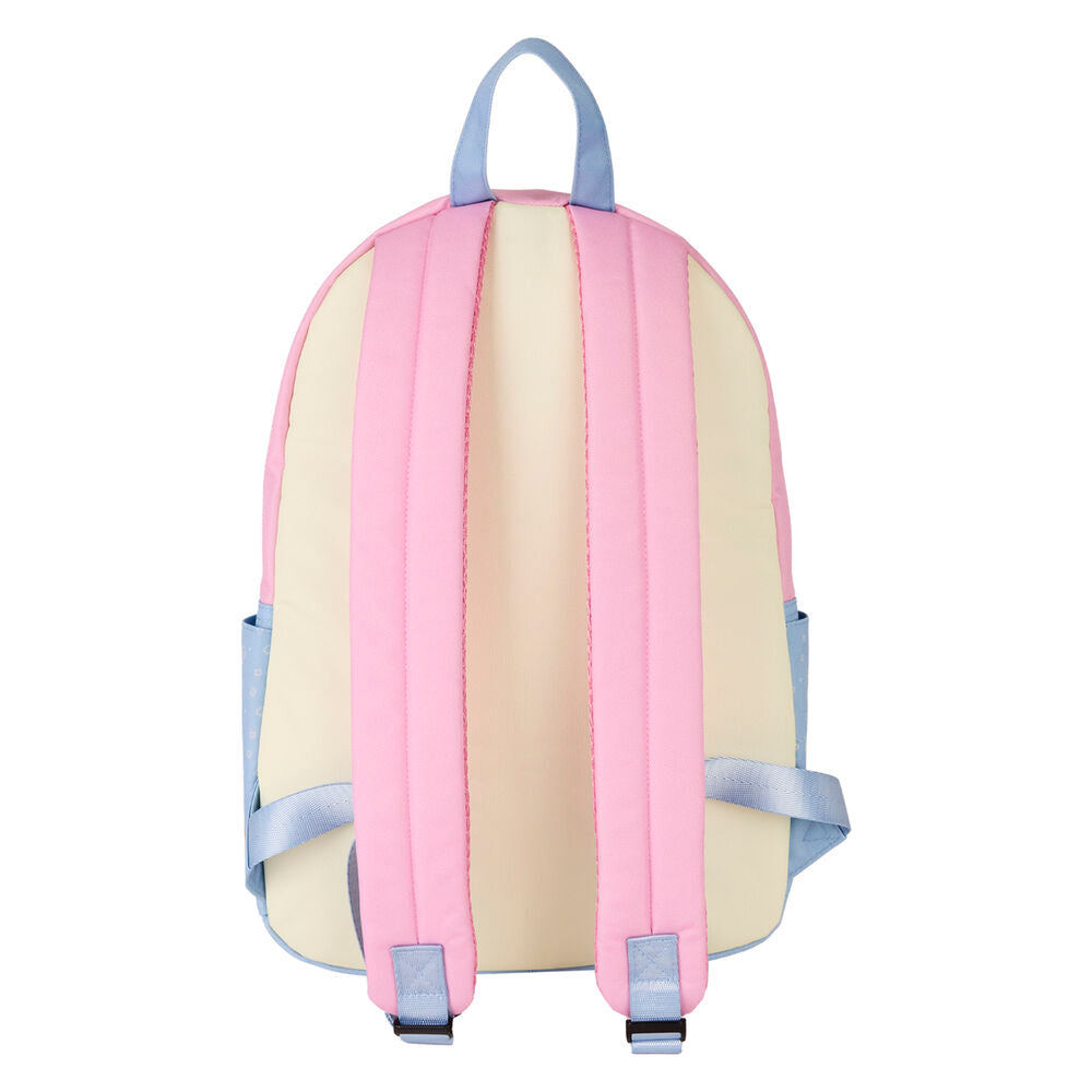 Gros plan sur les appliqués colorés de Stitch et Angel sur le sac à dos Loungefly en nylon