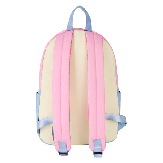 Gros plan sur les appliqués colorés de Stitch et Angel sur le sac à dos Loungefly en nylon