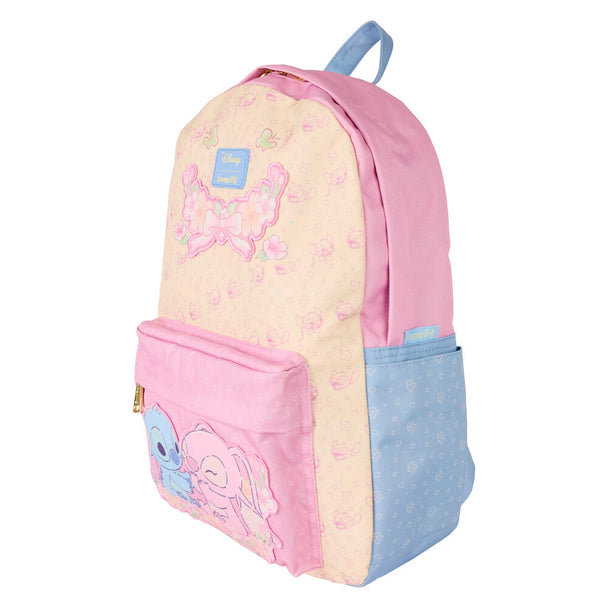 Vue latérale du sac à dos Loungefly Stitch & Angel montrant les bretelles ajustables et la poignée supérieure