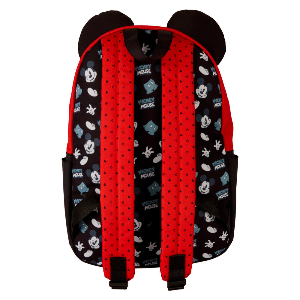 Détail des appliqués et impressions sur le sac à dos Mickey Loungefly, montrant la qualité des finitions