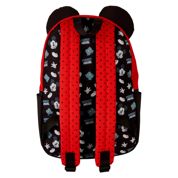 Détail des appliqués et impressions sur le sac à dos Mickey Loungefly, montrant la qualité des finitions
