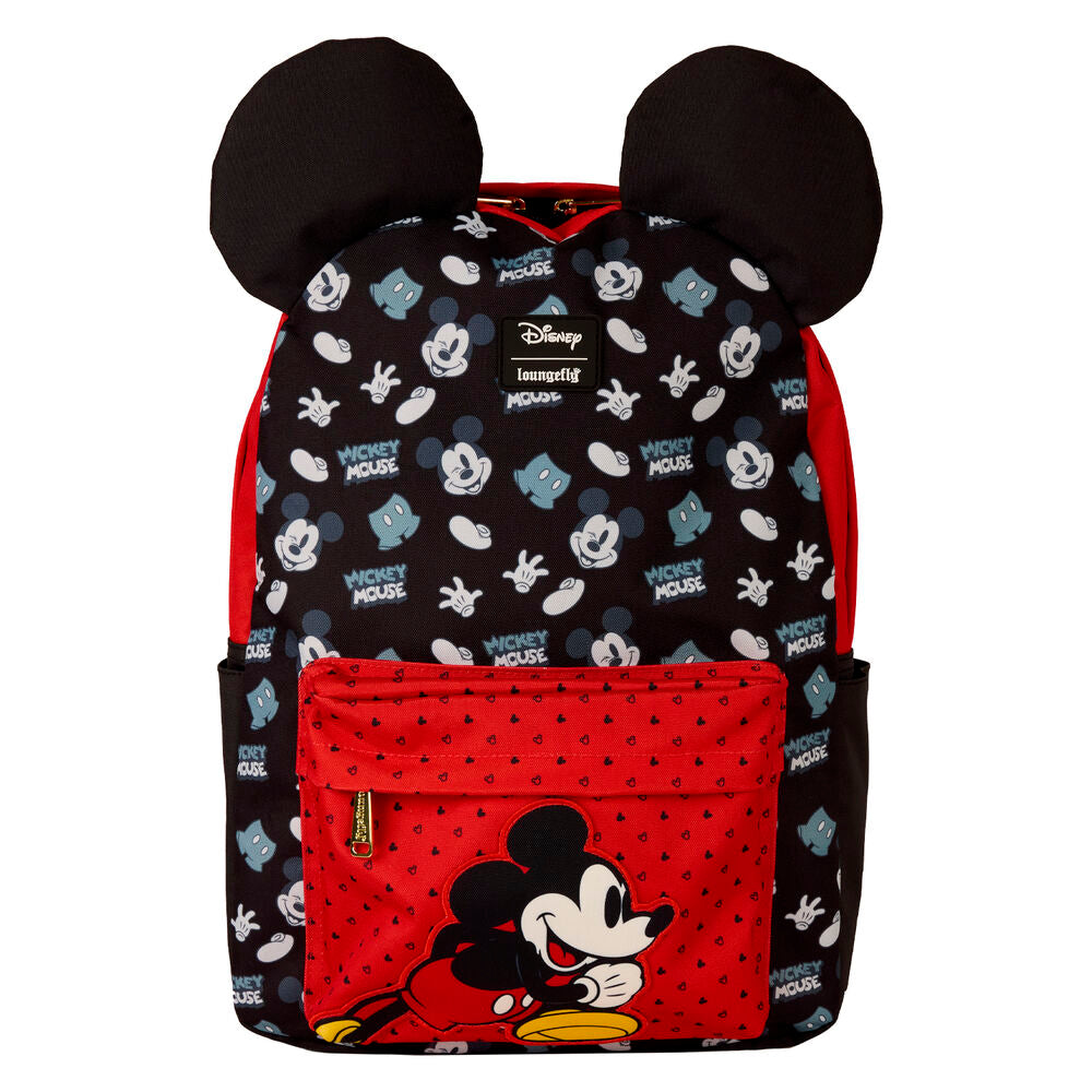 Sac à dos Loungefly Disney Mickey en nylon avec oreilles 3D visibles de face, dimensions 43 cm