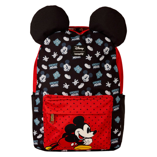Sac à dos Loungefly Disney Mickey en nylon avec oreilles 3D visibles de face, dimensions 43 cm