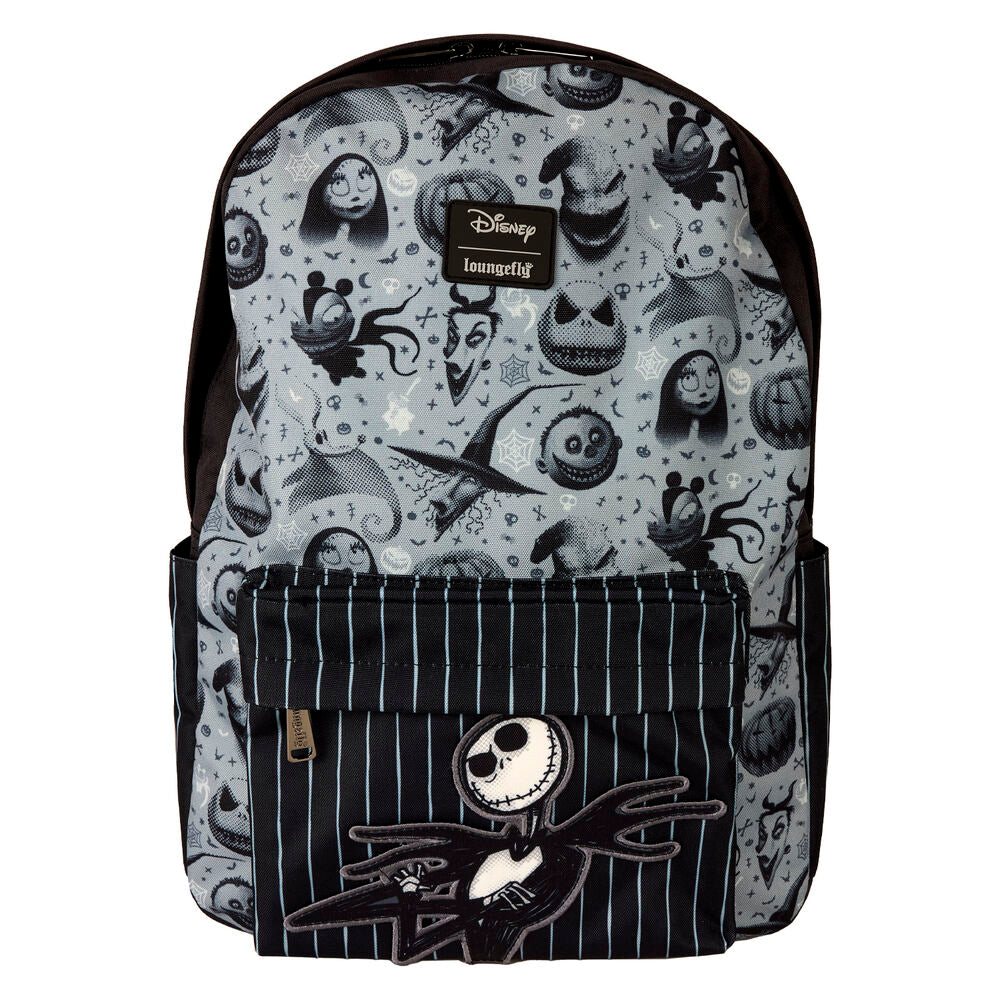 Sac à dos Loungefly en nylon avec imprimé L'Étrange Noël de Monsieur Jack, vue de face montrant les détails appliqués colorés