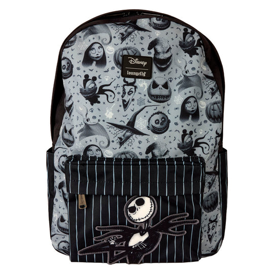 Sac à dos Loungefly en nylon avec imprimé L'Étrange Noël de Monsieur Jack, vue de face montrant les détails appliqués colorés