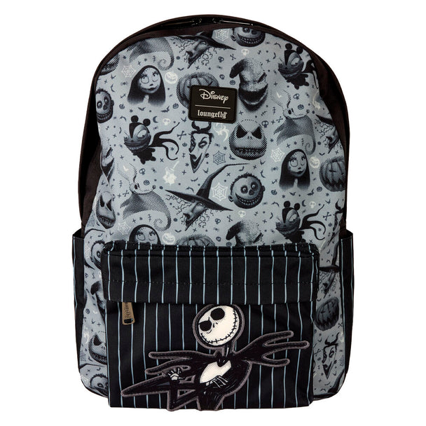 Sac à dos Loungefly en nylon avec imprimé L'Étrange Noël de Monsieur Jack, vue de face montrant les détails appliqués colorés