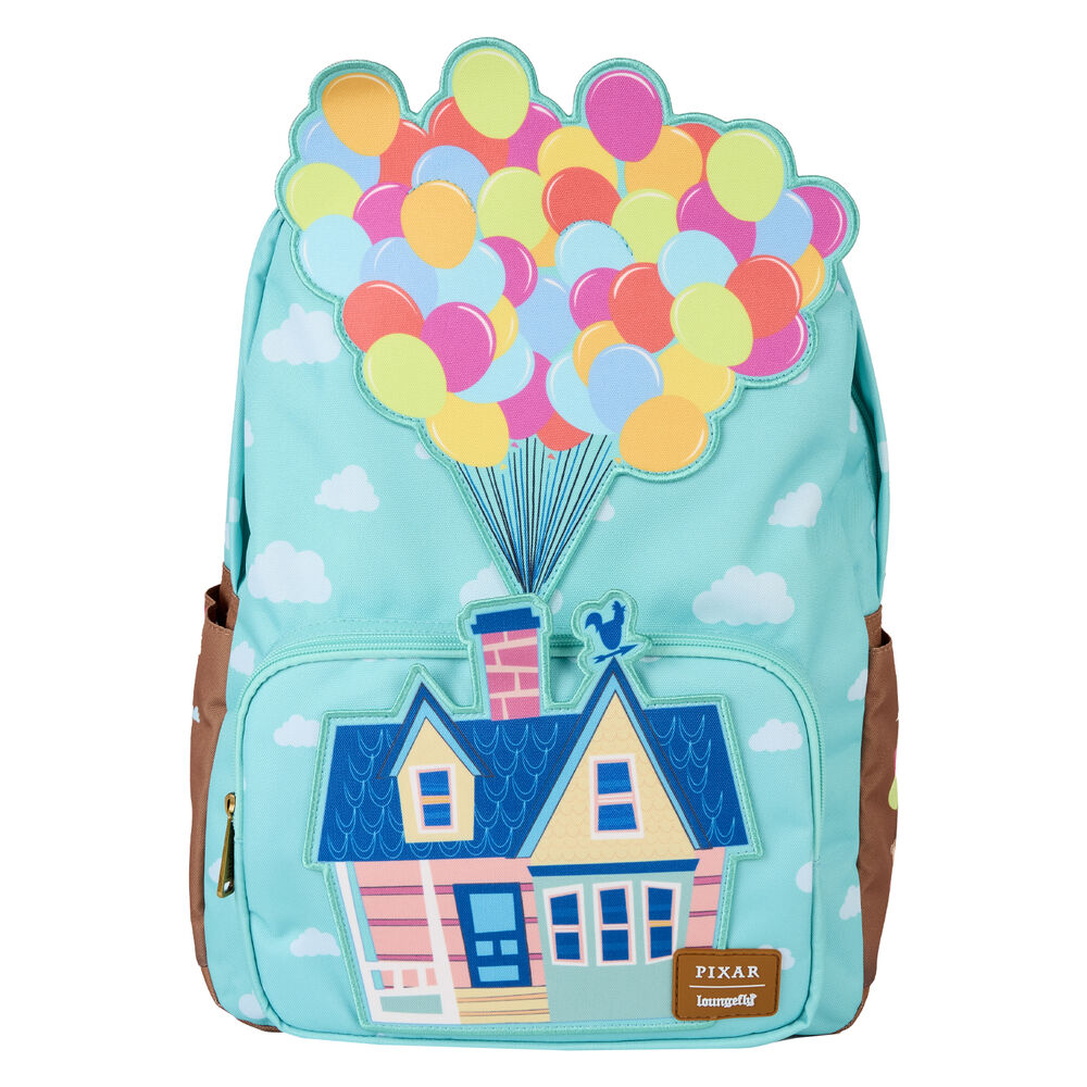 Vue avant du sac à dos Loungefly Disney Pixar UP en nylon avec détails imprimés colorés et appliqués