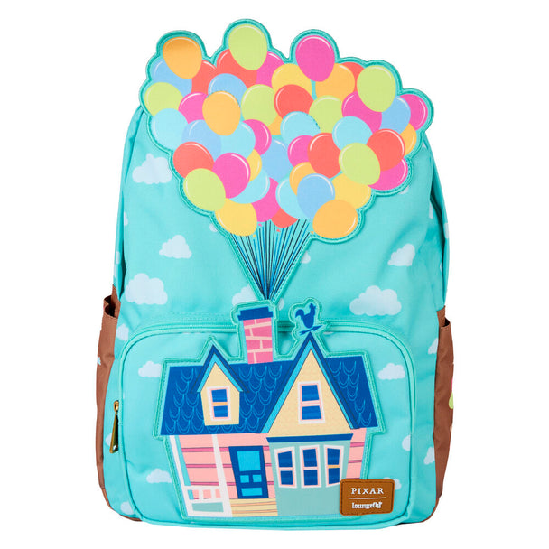 Vue avant du sac à dos Loungefly Disney Pixar UP en nylon avec détails imprimés colorés et appliqués