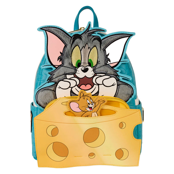 Vue de face du sac à dos Loungefly Tom & Jerry avec détails brodés et imprimés en simili cuir