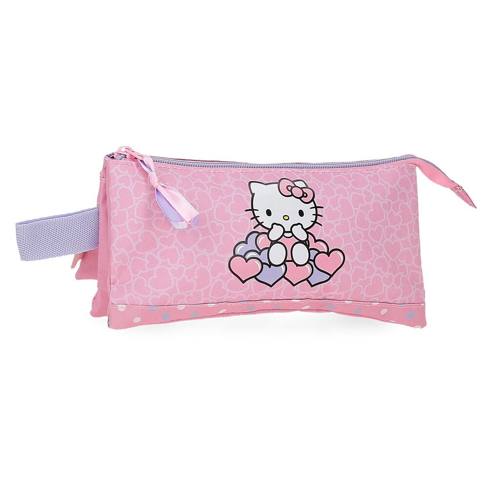 Vue de face de la trousse triple Hello Kitty Hearts & Dots avec motifs colorés