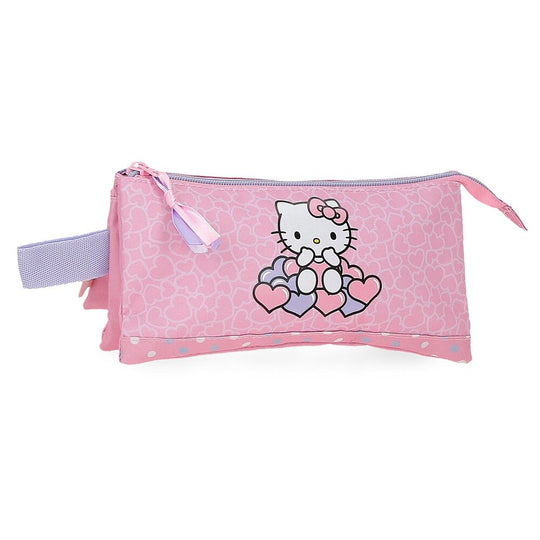 Vue de face de la trousse triple Hello Kitty Hearts & Dots avec motifs colorés