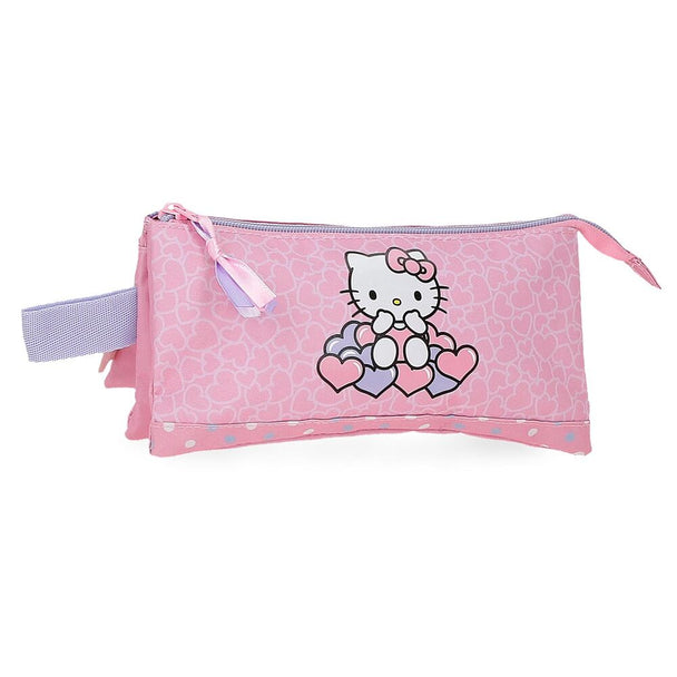 Vue de face de la trousse triple Hello Kitty Hearts & Dots avec motifs colorés