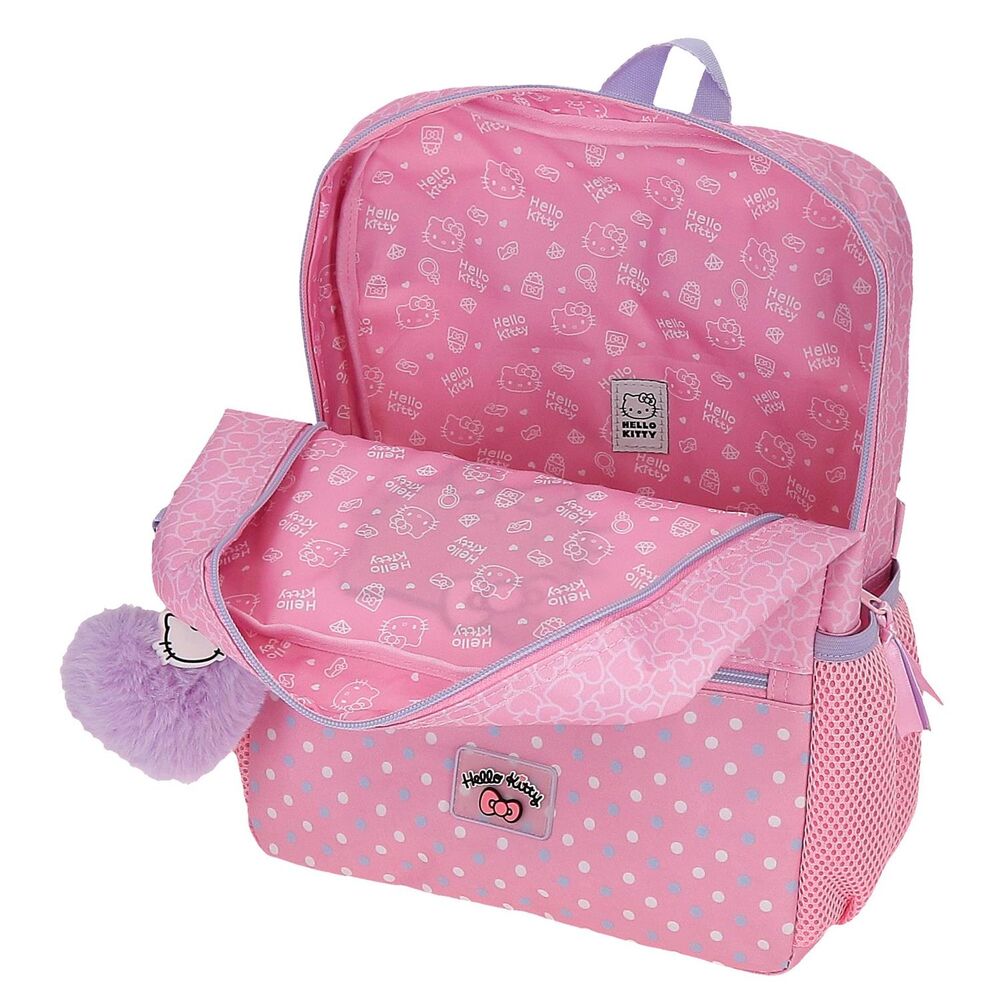 Vue de côté du sac à dos Hello Kitty montrant la poche porte-bouteille