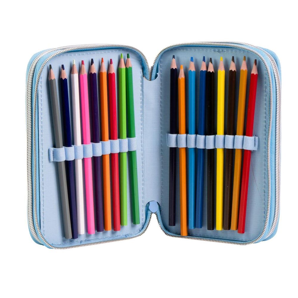 Trousse Disney Frozen posée sur un bureau avec fournitures scolaires visibles