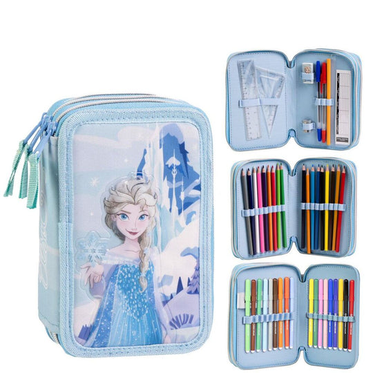 Vue de face de la trousse triple Disney Frozen CERDÁ avec motifs colorés des personnages