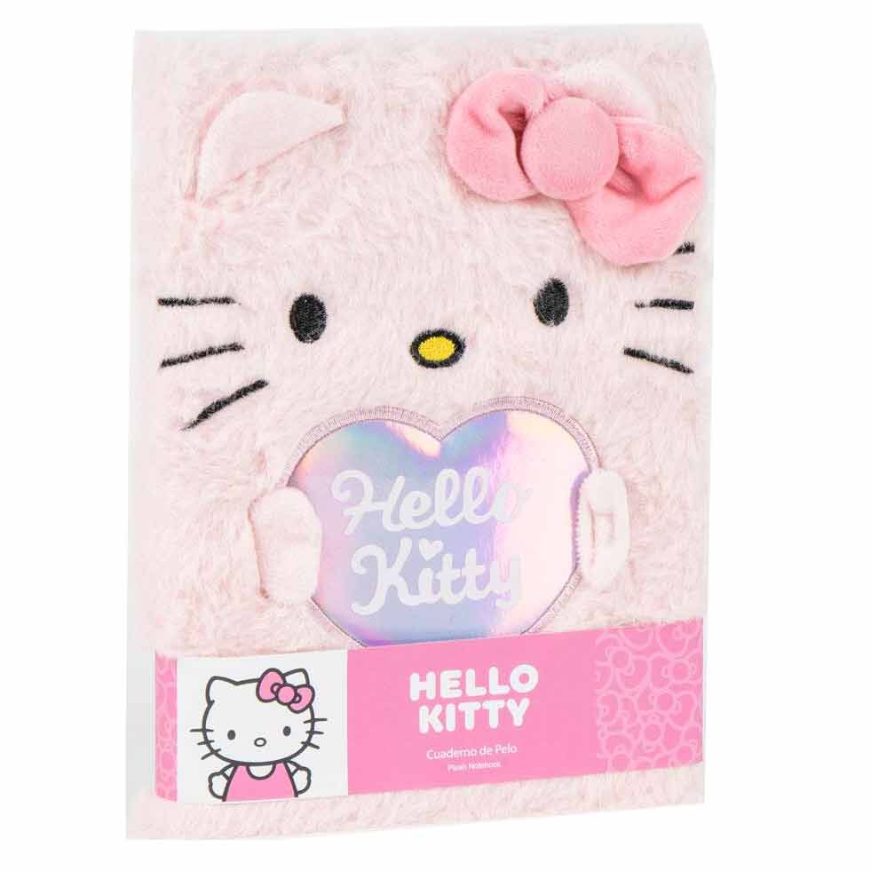 Cahier peluche Hello Kitty CERDÁ vu de face avec couverture douce rose et blanche