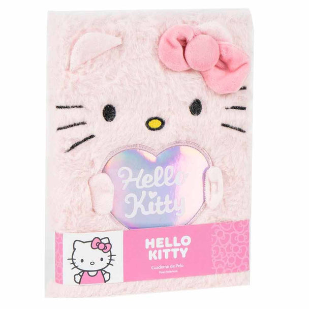 Cahier peluche Hello Kitty CERDÁ vu de face avec couverture douce rose et blanche
