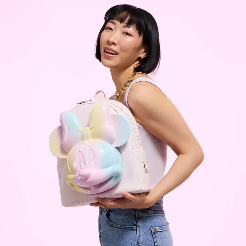 Image du compartiment principal ouvert du sac à dos Loungefly Minnie Mouse avec espace de rangement