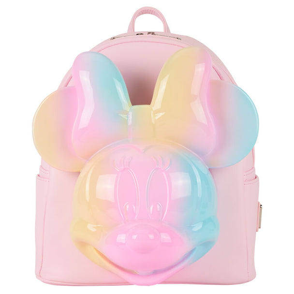 Détail du design Minnie Mouse sur le sac à dos Loungefly, mettant en valeur les couleurs vives