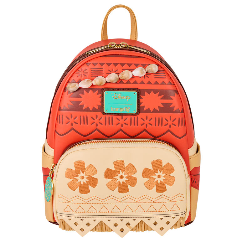 Vue de face du sac à dos Loungefly Disney Vaiana en simili cuir avec motifs brodés et coquillages