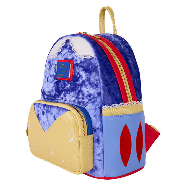 Vue latérale du sac à dos Loungefly Blanche-Neige montrant la texture velours et la poignée supérieure robuste