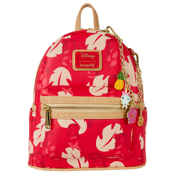 Vue avant du sac à dos Loungefly Disney Lilo & Stitch en simili cuir avec poche zippée avant
