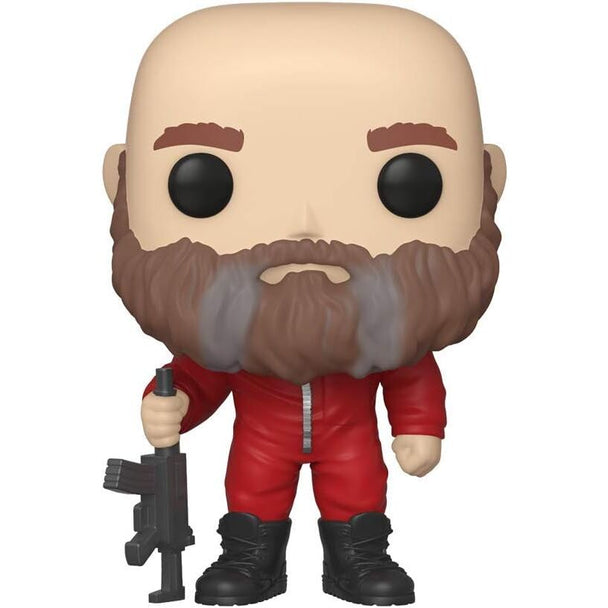 Détail de la figurine Funko POP Helsinki avec son masque et tenue iconique de la série Money Heist