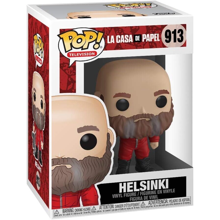 Vue latérale de la figurine Funko POP Helsinki Money Heist dans son emballage collector transparent