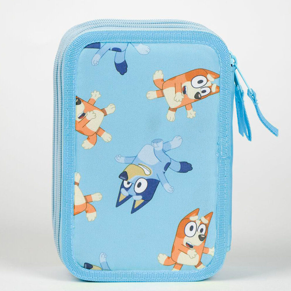 Présentation ouverte de la trousse triple Bluey montrant l'organisation intérieure en trois espaces distincts