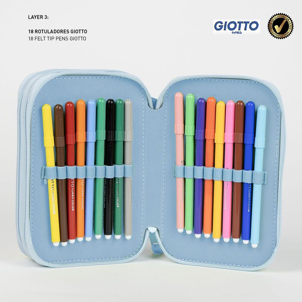 Détail du tissu polyester résistant et design Bluey de la trousse triple CERDÁ pour enfants