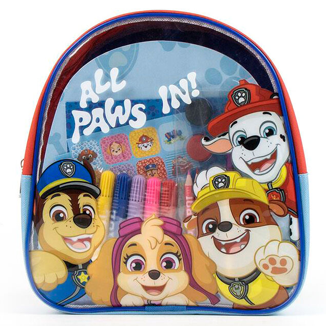 Sac à dos Paw Patrol ouvert montrant les accessoires de papeterie rangés à l'intérieur
