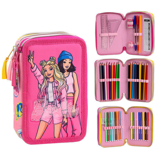 Vue avant de la trousse triple compartiments Barbie CERDÁ avec design coloré et logo visible