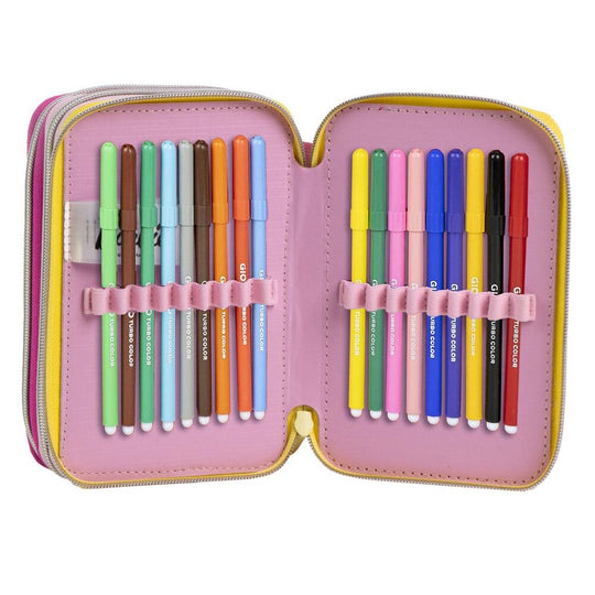 Photo de la trousse Barbie ouverte montrant les trois compartiments spacieux et bien organisés