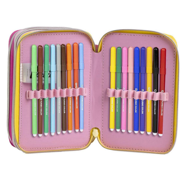 Photo de la trousse Barbie ouverte montrant les trois compartiments spacieux et bien organisés