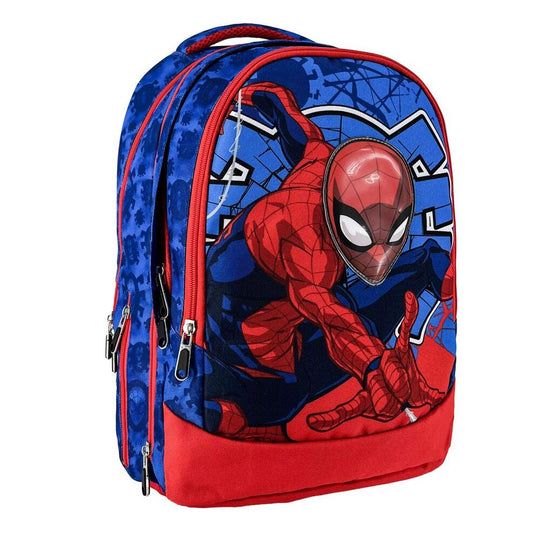 Vue de face du sac à dos Marvel Spiderman 41 cm avec le logo CERDÁ sur fond rouge et bleu