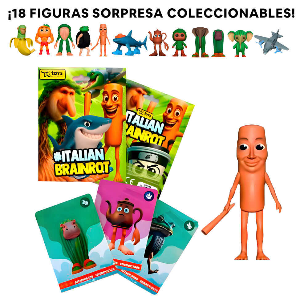 Packaging de la figurine Italian Brainrot avec cartes collector présenté sous plusieurs angles
