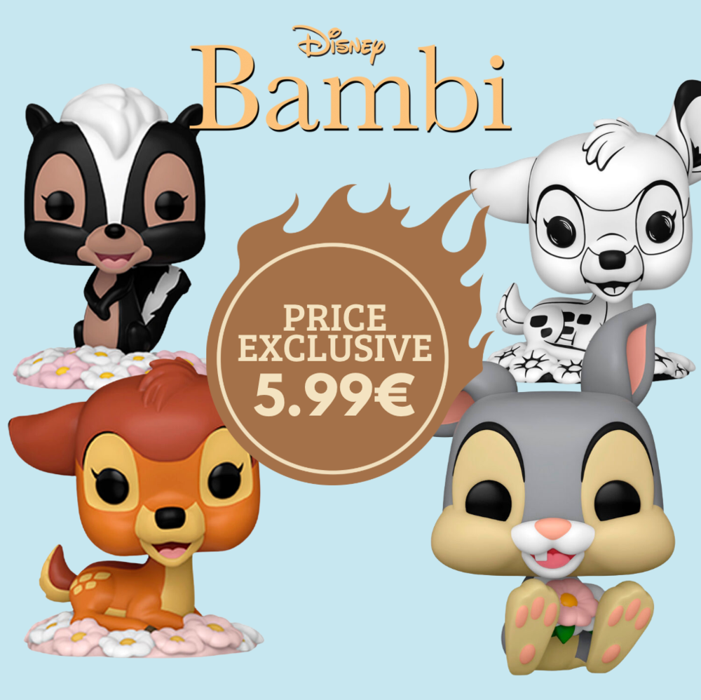 Figurines Funko POP Bambi Disney dans leur pack officiel, montrant le cerf Bambi et ses amis avec des détails colorés et un design fidèle aux personnages originaux.