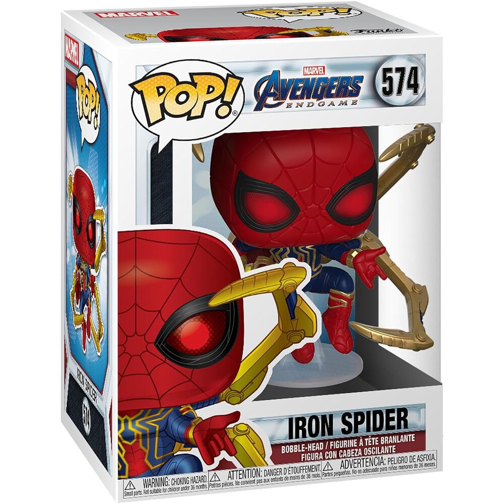 Vue de profil de la figurine POP Iron Spider Avengers Endgame avec Nano Gant